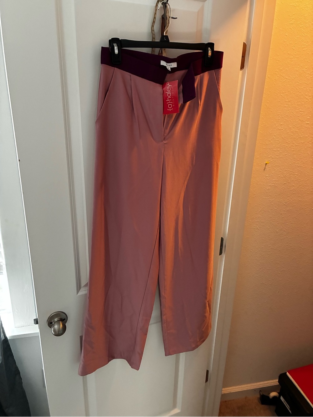 Wide Leg Two-Tone Pants - Mauve with Deep Plum Waistband